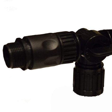 Black garden hose nozzle on a white background