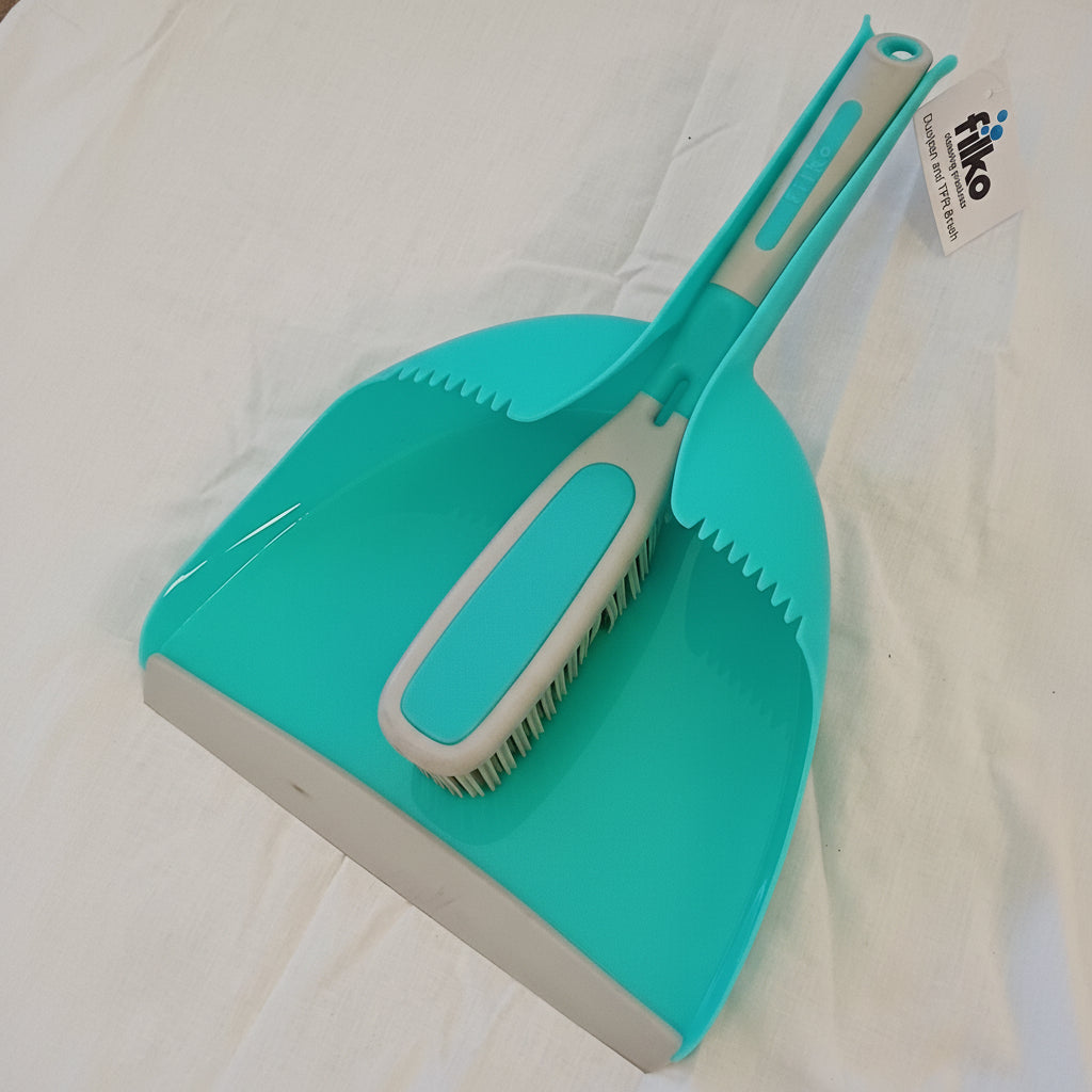 Turquoise dustpan and brush set with a visible brand label on a white background