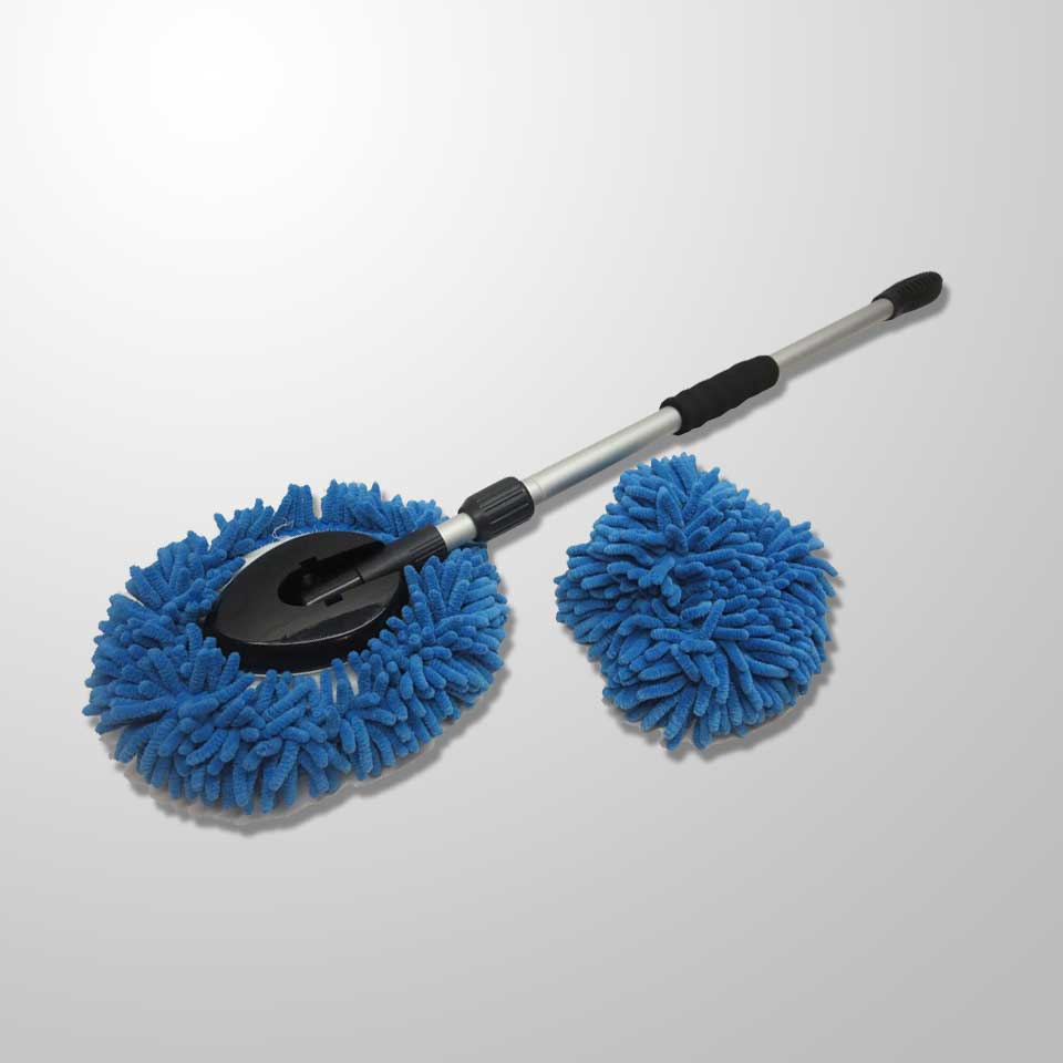 Car cleaning brush with two blue microfiber brushes on a white background