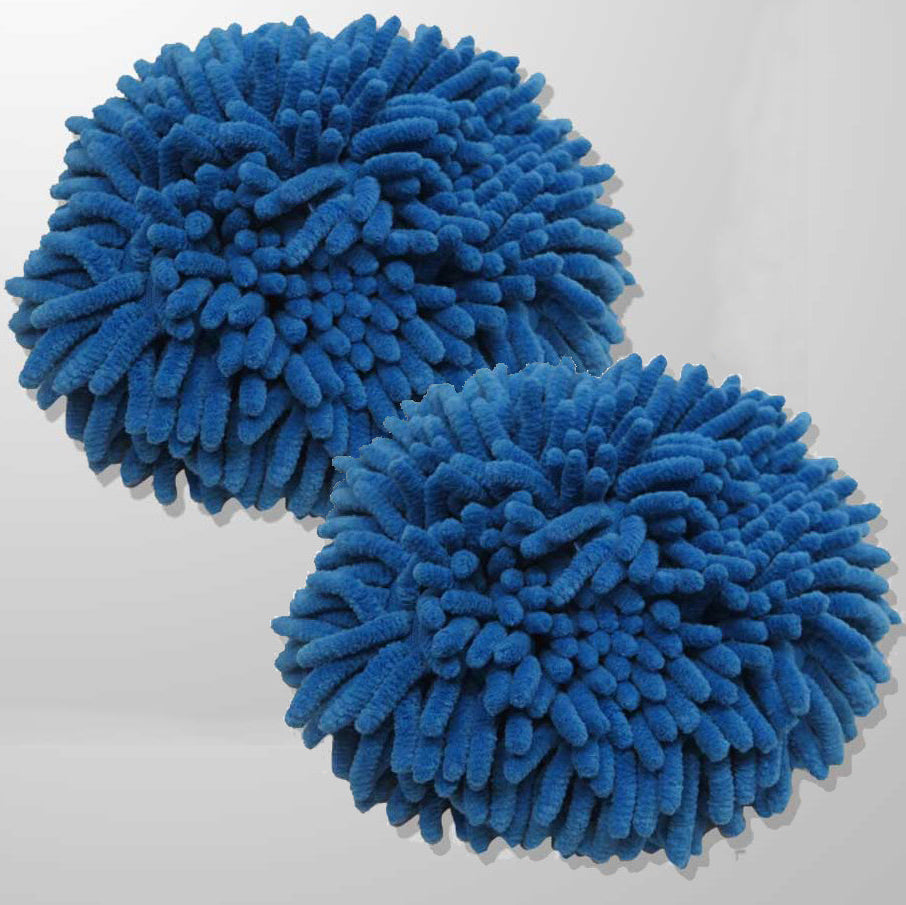 Two blue microfiber cleaning mitts on a white background