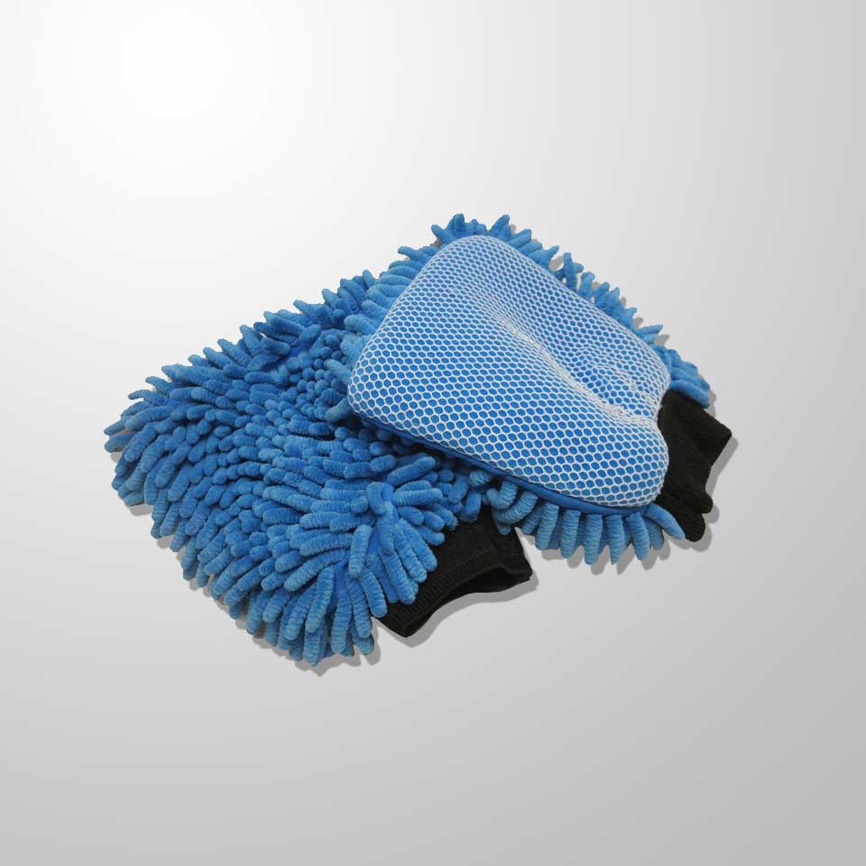 Blue microfiber cleaning mitt with a white central pad on a light gray background