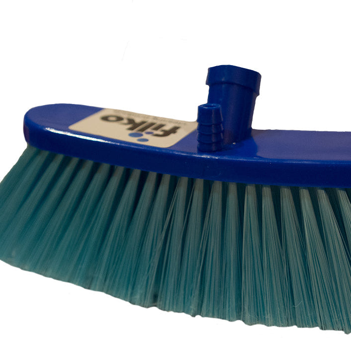 Blue broom with green bristles on a white background
