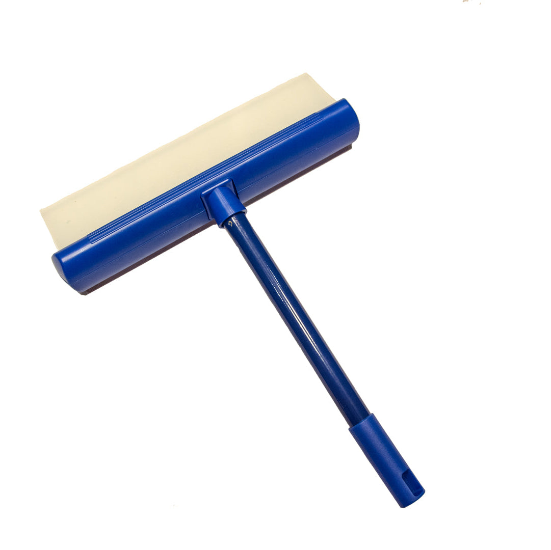 Blue squeegee with beige rubber blade on a white background